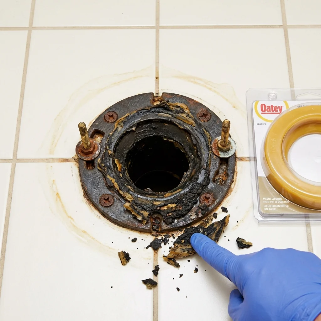 Failed wax ring showing water seepage at the base of a toilet in a Topeka, IN home